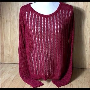 DKNY Jeans Pullover Open Stitch Knit Sweater Crew Neck Sparkle Wine Red NWT sz M